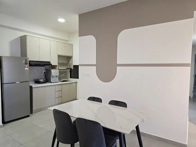 Kitchen features: stainless-steel fridge, built-in cabinets in light grey, white marble dining table, four black dining chairs, grey tiled flooring, white walls with accent design, under-cabinet lighting, kitchen countertop, sink, microwave, stove, exhaust hood; style: modern.