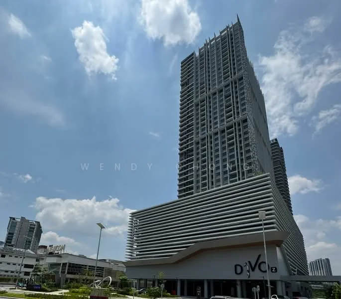 Exterior type: high-rise condominium; features: glass curtain wall, white painted facade, recessed balconies, vertical fins, feature lighting at night, approximately 30-storey high-rise, manicured lawn, surrounded by mature greenery; style: modern.