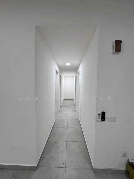 Hallway features: white painted walls, grey tile flooring, recessed downlights, multiple doorways, wall-mounted intercom, smoke detector, neutral color scheme; style: modern.