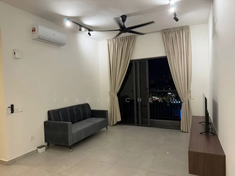 Living features: grey fabric 3-seater sofa, wall-mounted TV, wooden TV console, floor-to-ceiling windows, sheer curtains, blackout curtains, recessed LED downlights, 5-blade ceiling fan, air conditioning unit, light grey tiled flooring, white painted walls; style: modern; view: city.