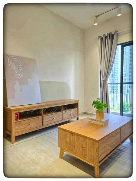 Living features: light wood coffee table, wood TV console with drawers, floor-to-ceiling windows, grey curtains, neutral wall color, decorative plant in pot, recessed ceiling lights, area rug; style: modern; view: city.