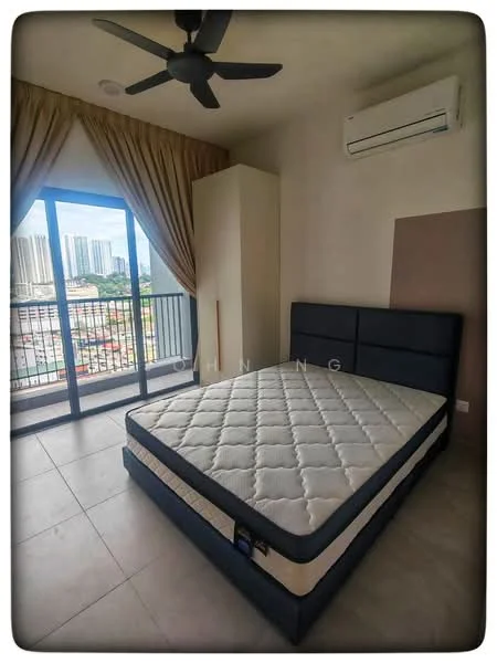 Bedroom features: queen-size bed, upholstered headboard, ceiling fan, wall-mounted split AC, floor-to-ceiling windows, curtains, light-colored walls, tile flooring, balcony access, built-in wardrobe; style: modern; view: city.