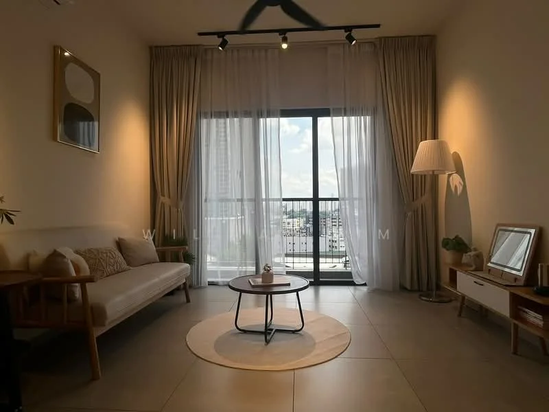 Living features: 3-seater fabric sofa in beige, round coffee table, area rug with circular pattern, floor-to-ceiling windows, sheer curtains, light-colored walls, laminate flooring, decorative mirror, table lamp, indoor plant, wall-mounted lighting; style: modern; view: city.