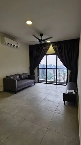 Living features: grey fabric sofa, floor-to-ceiling windows, city view, 1 wall-mounted split AC, 5-blade ceiling fan with light, dark curtains, tile flooring, TV console; style: modern; view: city.