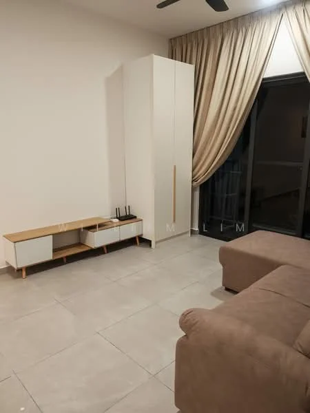 Living features: beige fabric sofa, white TV console with wooden top, tall white storage cabinet, floor-to-ceiling windows, sheer curtains, light-colored tiled flooring, ceiling fan, neutral wall color; style: modern.