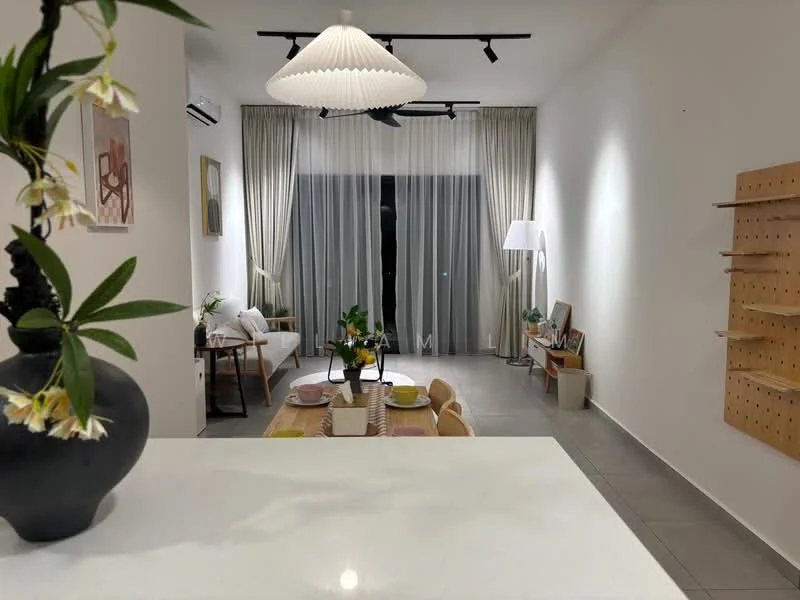 Living features: white painted walls, grey tiled flooring, 5-blade ceiling fan with light, floor-to-ceiling windows, sheer curtains, sofa in white fabric, coffee table, decorative wall shelf, table with dining chairs, table centerpiece with flowers, floor lamp, wall art; style: modern.