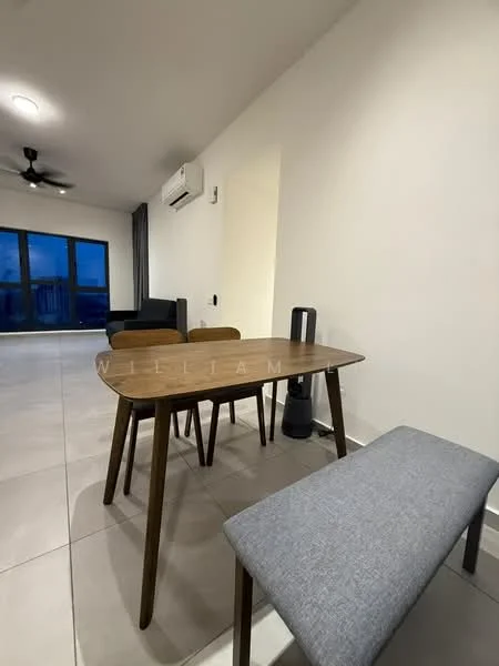 Dining features: wooden dining table, grey upholstered bench, 4 dining chairs, wall-mounted split AC, 5-blade ceiling fan, large glass sliding door, neutral painted walls, tile flooring; style: modern; view: city. Living features: sofa, coffee table, floor-to-ceiling windows, neutral painted walls, tile flooring; style: modern; view: city.