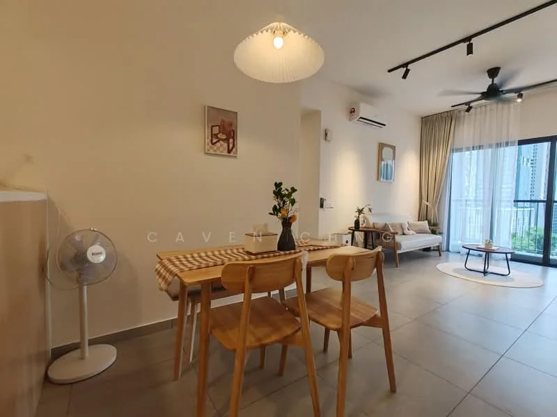 Dining features: 4-seater dining table with checkered tablecloth, wooden dining chairs, pendant lamp, wall-mounted air conditioning unit, floor-to-ceiling windows, curtains, light grey tiled flooring, decorative wall art, ceiling fan with light, potted plant on table; style: modern; view: garden. Living features: fabric sofa in light grey, coffee table, area rug, wall-mounted TV, decorative items on shelves; style: modern; view: garden.