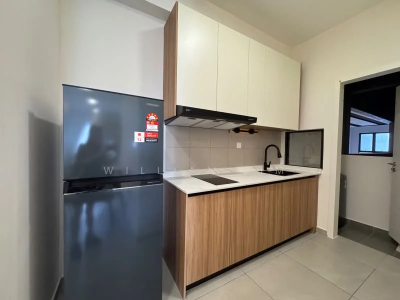 Kitchen features: grey stainless-steel fridge, white upper cabinets, wood lower cabinets, black sink, black gooseneck faucet, white countertop, built-in stove, extraction hood, tile flooring, wall-mounted cabinet, open layout; style: modern.