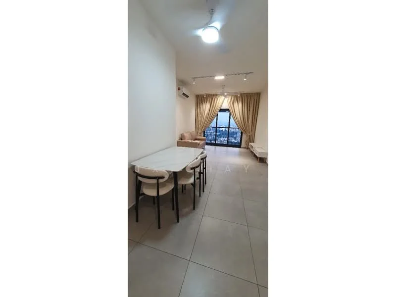 Living features: floor-to-ceiling windows, beige curtains, 3-seater fabric sofa in beige, white coffee table, dining table with 4 chairs, wall-mounted split AC, light-colored tiled flooring, recessed downlights, ceiling fan with light; style: modern; view: city.