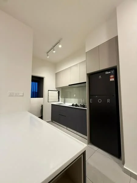 Kitchen features: white countertop, grey cabinetry, built-in oven, 4-burner gas hob, stainless-steel fridge, glass backsplash, recessed downlights, tile flooring, single-bowl stainless-steel sink, chrome pull-down faucet, open shelving, window with blue curtains; style: modern.