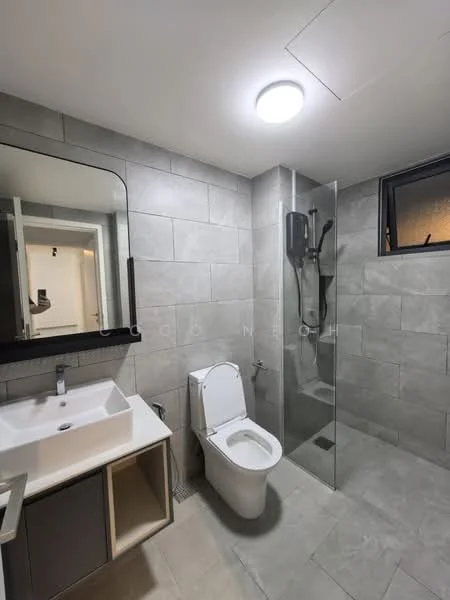 Bathroom features: grey tile flooring, grey tile walls, single-sink vanity with wood cabinet, white basin, chrome basin mixer, framed mirror, walk-in shower with glass enclosure, rain shower head, handheld shower, one-piece toilet, recessed ceiling light, window with frosted glass; style: modern.