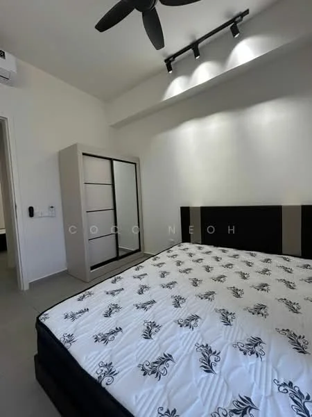 Bedroom features: king-size bed with patterned mattress, upholstered headboard, built-in wardrobe with sliding doors, ceiling fan, recessed LED downlights, white painted walls, grey tile flooring, air conditioning unit on wall; style: modern.