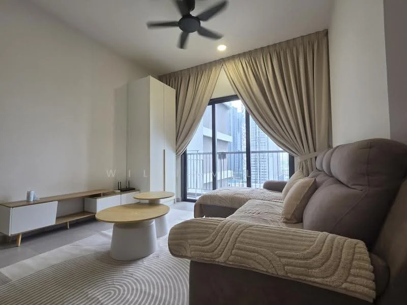 Living features: 3-seater fabric sofa in brown, coffee table with round top, TV console with storage, floor-to-ceiling windows, curtains in light beige, ceiling fan, light-colored walls, laminate flooring; style: modern; view: city.
