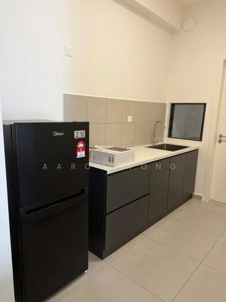Kitchen features: black cabinetry, white countertop, single-bowl stainless-steel sink, chrome pull-down faucet, built-in microwave, black fridge, ceramic tile flooring, grey tiled backsplash, wall-mounted electrical outlet, window opening to adjacent room; style: modern.