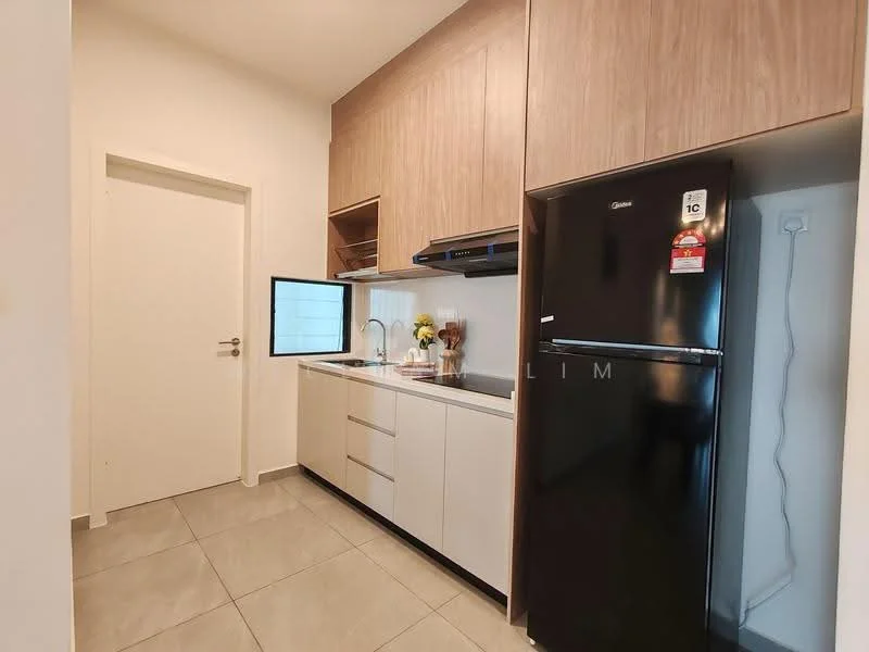 Kitchen features: white cabinetry, wooden upper cabinets, black countertop, single-bowl stainless-steel sink, chrome pull-down faucet, built-in oven, stainless-steel range hood, black fridge, ceramic tile flooring, white walls, recessed downlights; style: modern.