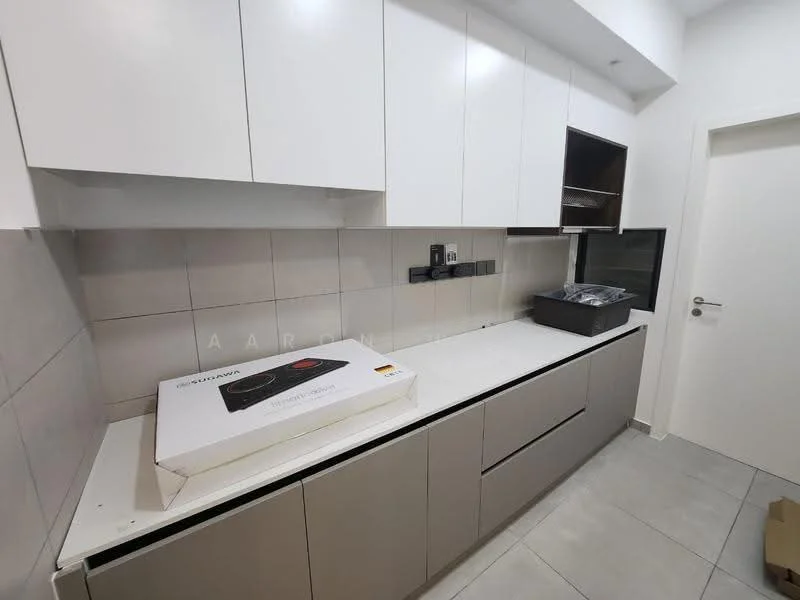Kitchen features: white upper cabinets, grey lower cabinets, white countertop, stainless-steel sink, built-in oven, tile backsplash, ceramic tile flooring, recessed lighting, wall-mounted electrical outlets, window, open shelving, drawer storage; style: modern.