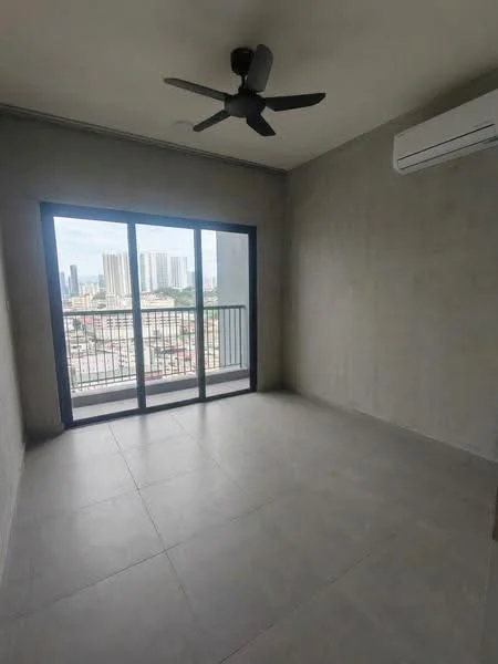 Room features: concrete walls, grey tiled flooring, 5-blade ceiling fan, floor-to-ceiling sliding glass door, black railing, air conditioning unit, city skyline view; style: modern; view: city.
