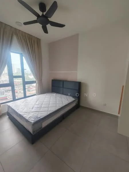 Bedroom features: king-size bed, upholstered headboard, floor-to-ceiling windows, sheer curtains, 5-blade ceiling fan, light grey walls, tile flooring, city view; style: modern; view: city.
