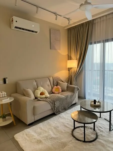 Living features: 3-seater fabric sofa in light beige, decorative throw pillows, grey throw blanket, 2 round coffee tables with black metal frames and glass tops, area rug in white, floor-to-ceiling windows with sheer curtains, wall-mounted split AC unit, table lamp with warm light, wall art with abstract design, light grey painted walls, recessed ceiling lights, ceiling fan; style: modern; view: city.