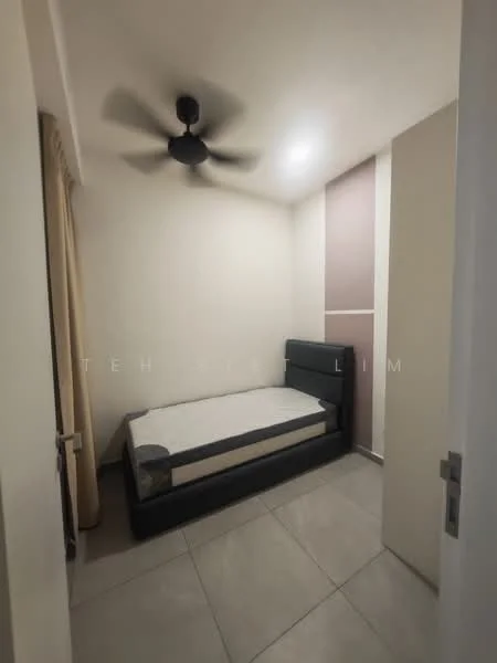 Bedroom features: queen-size bed frame without mattress, 5-blade ceiling fan, light-colored walls, grey accent wall, large floor tiles, curtains, built-in wardrobe, neutral color scheme; style: modern.