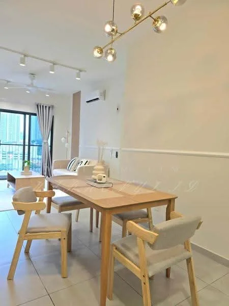 Dining features: wooden dining table, 4 upholstered dining chairs, chandelier with glass bulbs, floor-to-ceiling windows, sliding glass door, curtains, light-colored walls, tile flooring, ceiling-mounted spotlights, air conditioning unit; style: modern; view: city. Living features: sofa, decorative cushions, coffee table; style: modern; view: city.