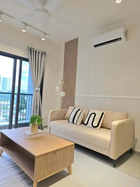 Living features: 3-seater fabric sofa in beige, wooden coffee table, floor-to-ceiling windows, curtains in grey, wall-mounted split AC, recessed downlights, decorative wall paneling, indoor plant in ceramic pot; style: modern; view: city.
