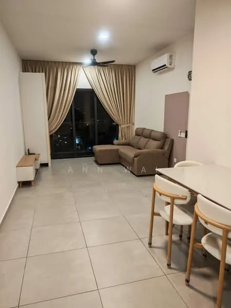 Living features: grey fabric sofa, coffee table, floor-to-ceiling windows, sheer curtains, 5-blade ceiling fan, wall-mounted split AC, light-colored walls, tile flooring, decorative wall panel, dining table with 4 chairs; style: modern; view: city.