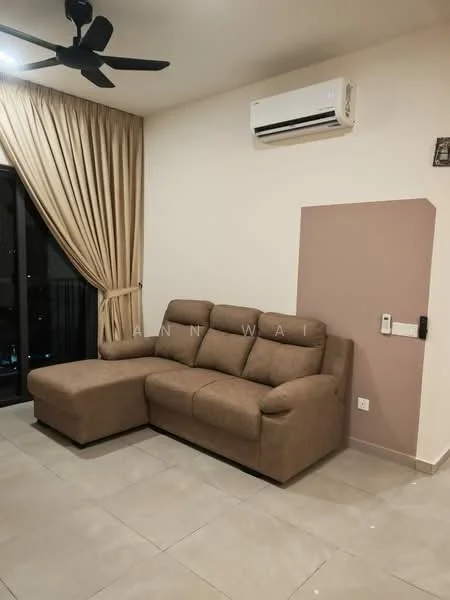 Living features: L-shape sectional sofa in brown fabric, floor-to-ceiling windows, curtains in beige, wall-mounted split AC, light grey tiled flooring, neutral painted walls, decorative wall panel in mauve, ceiling fan; style: modern; view: city.