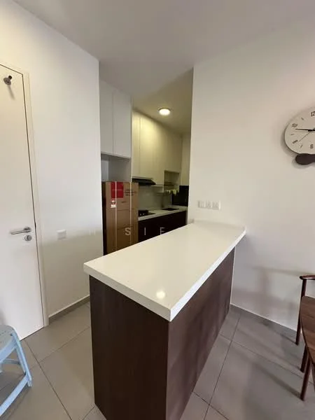 Kitchen features: white quartz countertop, brown wooden cabinetry, built-in kitchen cabinets, stainless-steel fridge, black kitchen appliances, recessed ceiling lights, grey tile flooring, open layout with breakfast bar; style: modern.