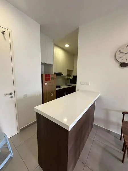 Kitchen features: white quartz countertop, brown wooden cabinetry, stainless-steel fridge, built-in oven, ceramic tile flooring, recessed ceiling lights, wall-mounted cabinets, open layout with breakfast bar; style: modern.