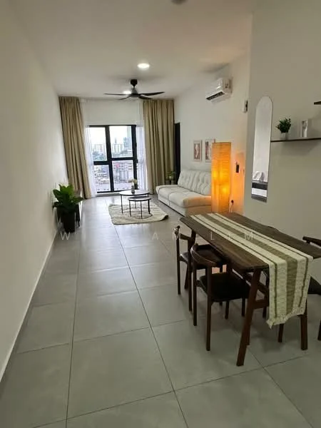 Living features: 3-seater fabric sofa in white, ceiling fan, floor-to-ceiling windows, curtains, light wood dining table, 4 wooden dining chairs, decorative floor lamp, wall-mounted mirror, shelf with decor items, potted plant, grey tile flooring, air conditioning unit; style: modern; view: city.