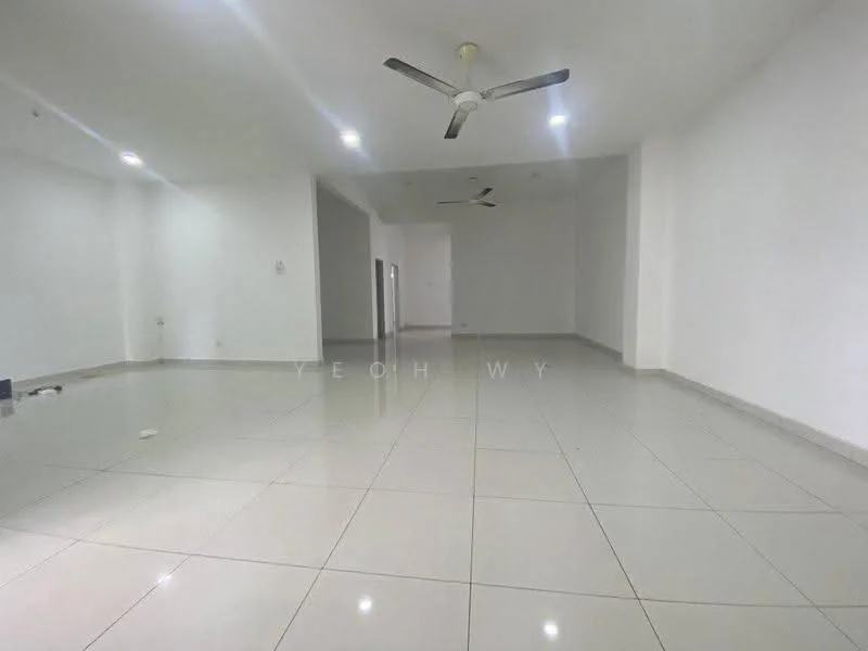 Room features: white painted walls, polished ceramic tile flooring, 2 ceiling fans, recessed downlights, open layout, large windows, neutral color scheme, spacious area; style: modern.