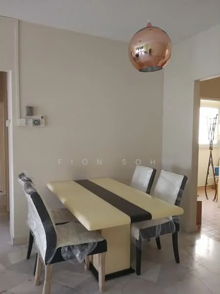 Dining features: rectangular dining table with cream and brown finish, 4 upholstered dining chairs with black and white fabric, copper pendant light, marble flooring, light beige painted walls, wall-mounted control panel, window with natural light, plastic covering on chairs; style: modern.