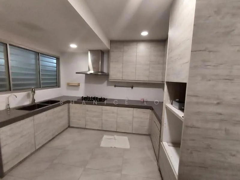 Kitchen features: grey laminate cabinetry, dark grey countertop, single-bowl stainless-steel sink, chrome pull-down faucet, built-in stainless-steel range hood, 4-burner gas hob, tile backsplash, large window with horizontal slats, under-cabinet lighting, open shelving, flooring not visible; style: modern.