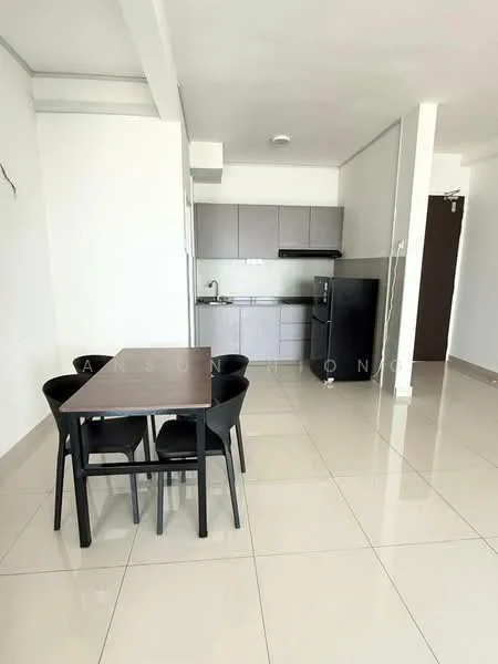 Dining features: 4-seater dining table, black dining chairs, glossy tile flooring, white painted walls, kitchen area visible, stainless-steel sink, built-in kitchen cabinets, black refrigerator, grey cabinetry, wall-mounted kitchen shelf; style: modern.