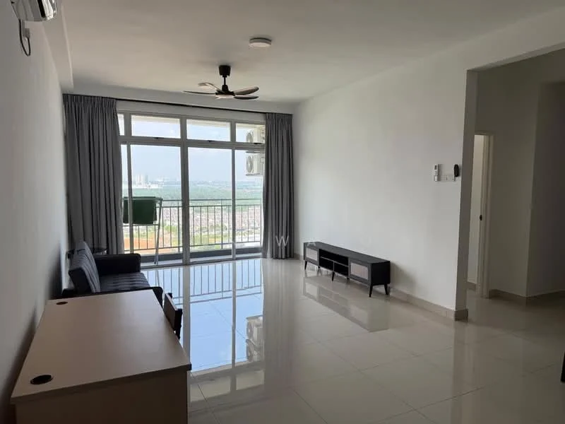 Living features: white painted walls, glossy ceramic tile flooring, 5-blade ceiling fan with light, floor-to-ceiling windows, grey curtains, black TV console, light wood side table, air conditioning unit; style: modern; view: city.