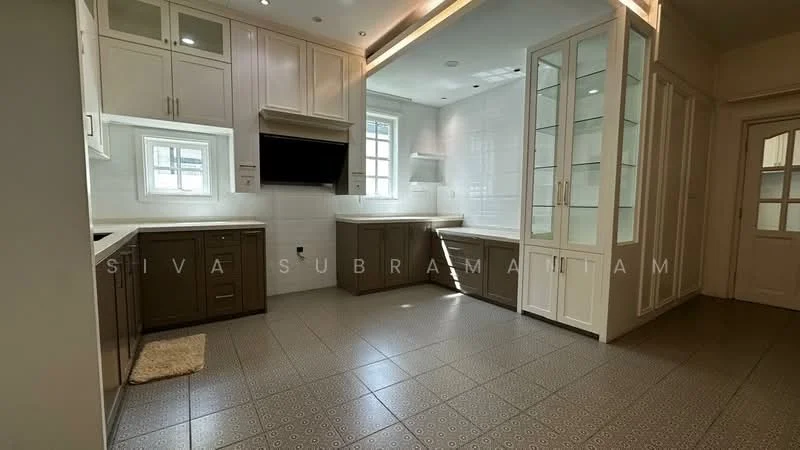 Kitchen features: white cabinetry with glass-front upper cabinets, brown lower cabinetry, marble countertop, stainless-steel range hood, built-in oven, double-bowl stainless-steel sink, chrome pull-down faucet, tile backsplash, recessed lighting, window above sink, grey patterned floor tiles; style: modern.