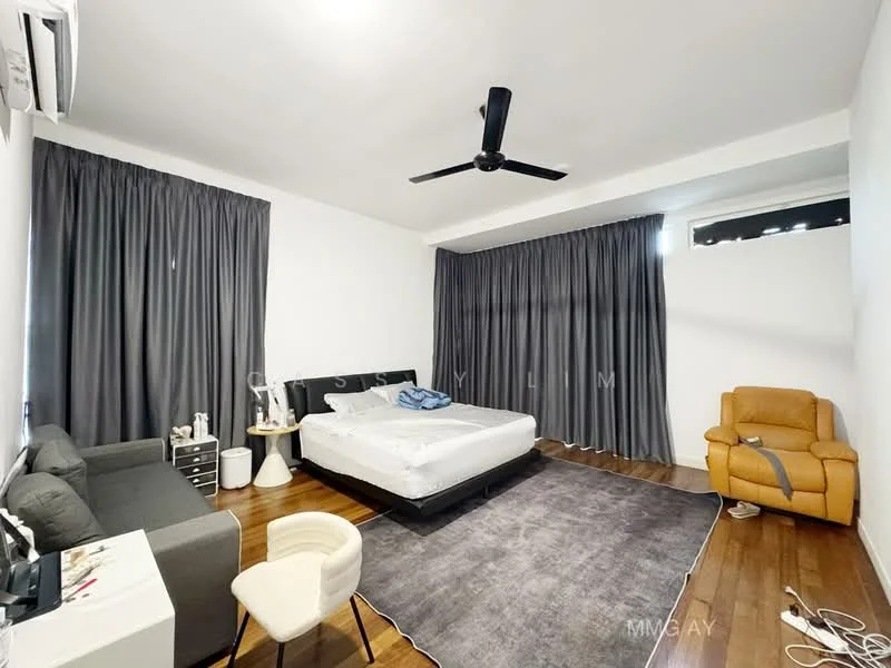 Bedroom features: king-size bed, upholstered headboard, 2 bedside lamps, sofa in grey fabric, wooden flooring, ceiling fan, floor-to-ceiling windows with sheer curtains, decorative area rug, armchair in tan leather, side table, dressing table, wall-mounted air conditioning unit; style: modern.