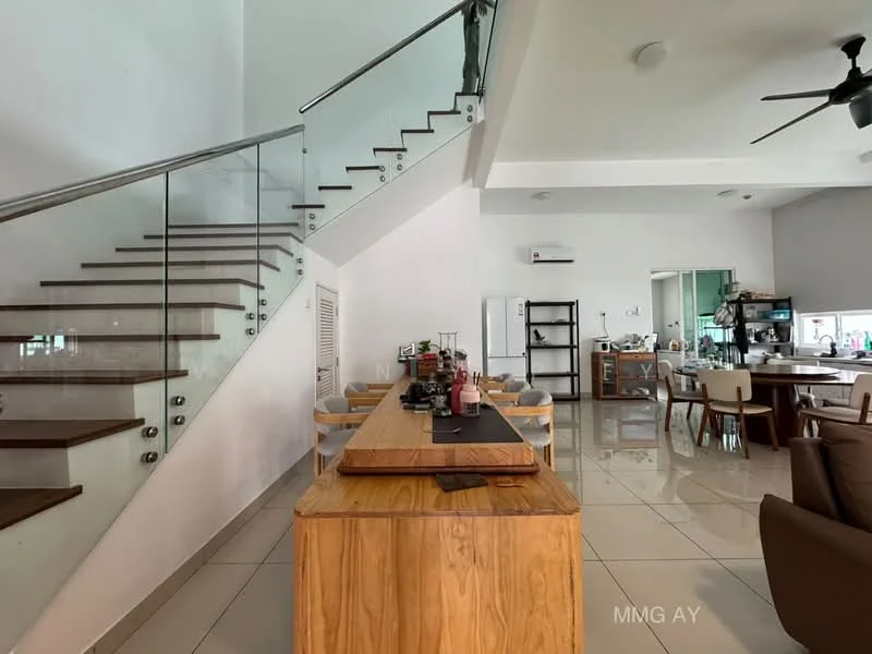 Living features: open-plan layout, large dining table with wooden surface, white walls, glossy tile flooring, ceiling fan, glass railing staircase, recessed ceiling lights, air conditioning unit, kitchen area visible in background, wooden shelving unit, decorative items on table; style: modern.