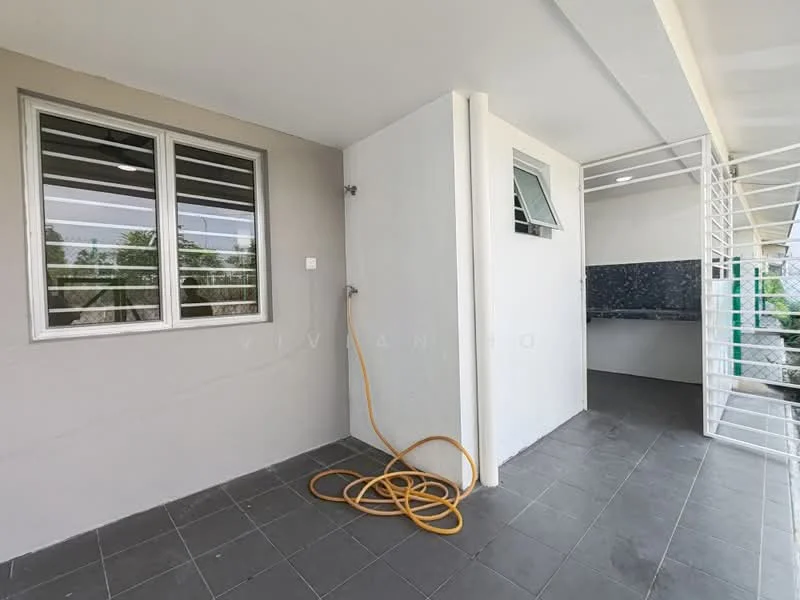 Room features: grey painted walls, sliding windows with horizontal bars, black countertop, outdoor shower, hose pipe, grey floor tiles, ventilation window, open space; style: modern; view: garden.