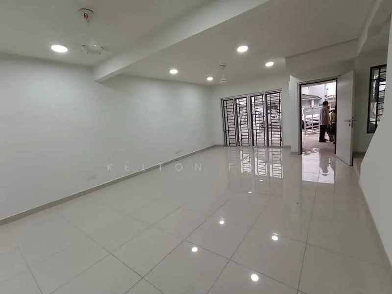 Room features: white painted walls, glossy ceramic tile flooring, recessed downlights, 2 ceiling fans, multiple windows with metal grilles, door leading to outdoor area; style: modern.