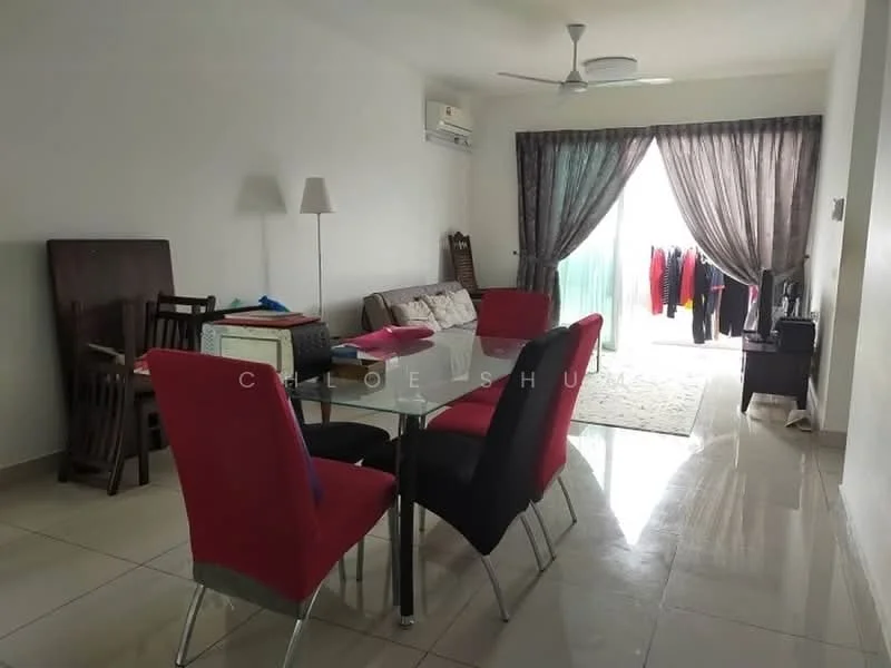 Living features: 3-seater fabric sofa in beige, 4 red upholstered dining chairs, glass dining table, ceiling fan, wall-mounted split AC, floor-to-ceiling sliding glass door, curtains, tile flooring, decorative area rug, wall-mounted lamp; style: modern.