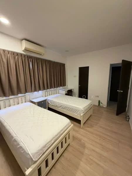 Bedroom features: two single beds, wooden bed frames, laminate flooring, white walls, brown curtains, wall-mounted split AC, nightstand, door to hallway.