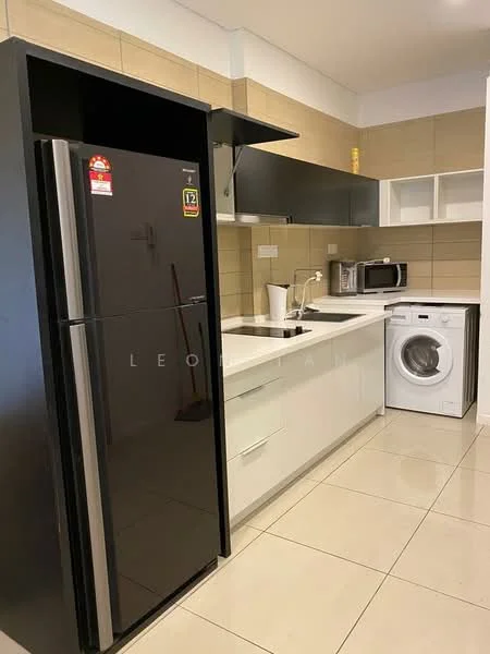 Kitchen features: black refrigerator, white cabinetry, black countertop, single-bowl stainless-steel sink, chrome pull-down faucet, built-in microwave, freestanding washing machine, ceramic tile flooring, wall-mounted cabinets, neutral tiled backsplash, open shelving; style: modern.