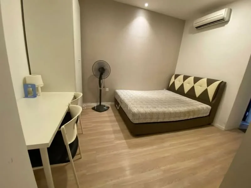 Bedroom features: queen-size bed, upholstered headboard, study desk, white chair, floor fan, wall-mounted air conditioning unit, light-colored walls, laminate flooring, recessed lighting; style: modern.