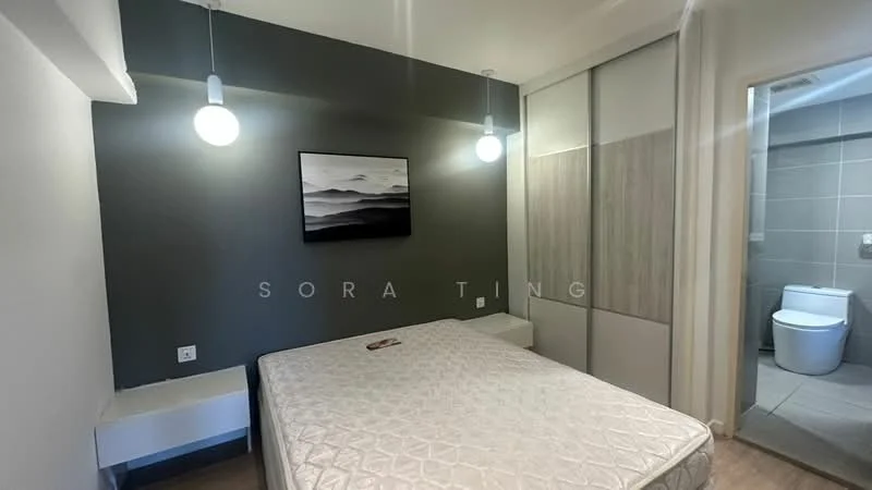 Bedroom features: grey accent wall, white painted walls, wooden flooring, queen-size bed, two pendant lights, built-in wardrobe with sliding doors, framed artwork, window with natural light; style: modern. Room features: one-piece toilet, grey tiled walls, grey tiled flooring.