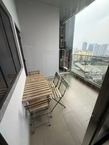 Balcony features: glass railing, tile flooring, wooden table, metal folding chairs, city view, exterior wall with white paint, air conditioning units visible; style: modern; view: city.