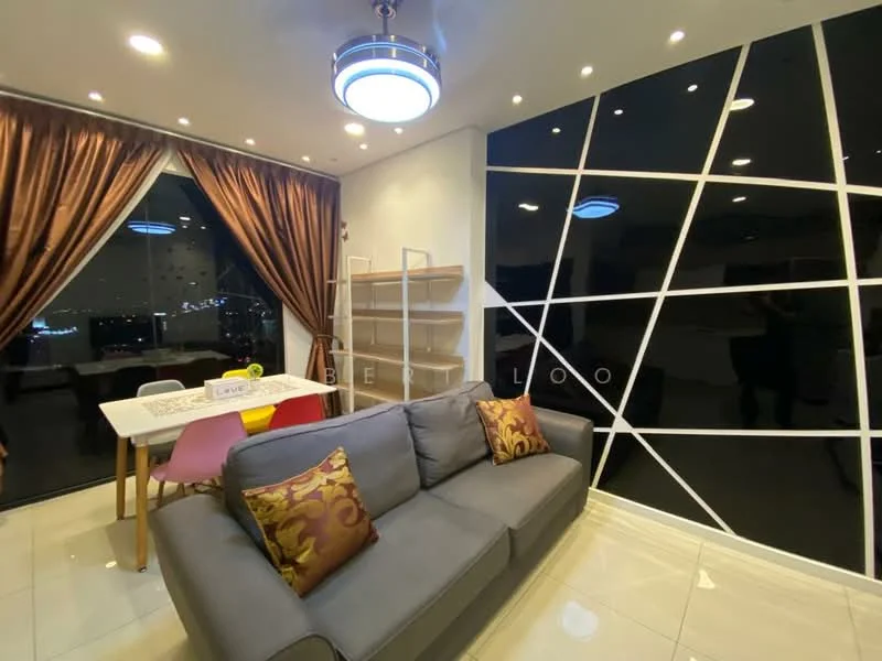 Living features: grey fabric sofa, decorative cushions with gold pattern, white dining table, colored dining chairs, floor-to-ceiling windows, curtains in dark brown, recessed ceiling lights, modern ceiling light fixture, glossy tile flooring, open shelving unit, decorative wall with geometric pattern; style: modern; view: city.