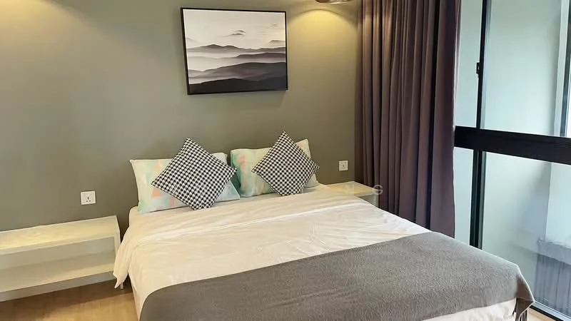 Bedroom features: queen-size bed, upholstered headboard, decorative throw pillows, white bedding, wooden flooring, grey accent wall, floor-to-ceiling window, curtains, nightstand, framed artwork; style: modern.